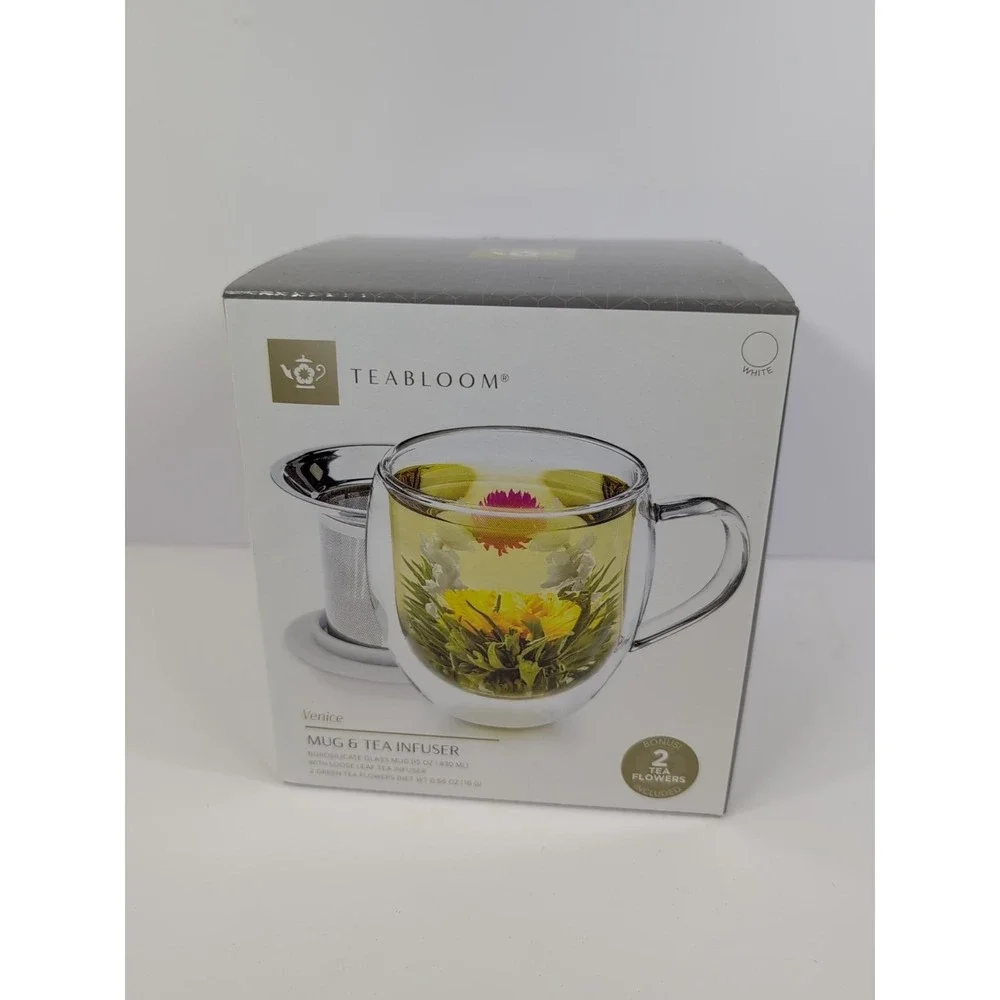 Teabloom VENICE Double Wall Glass Mug with Infuser & Lid/Coaster‎ White NEW